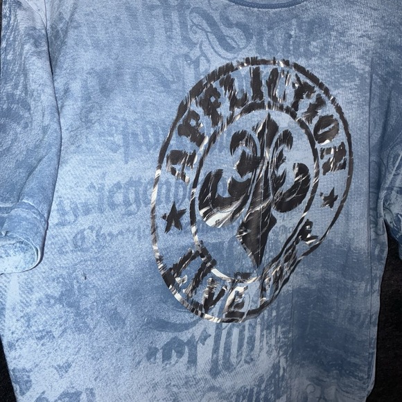 AFFLICTION Tee Live Fast Fleur de Lis T-shirt Short Sleeve Blue Black White Aop - Picture 2 of 9